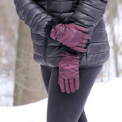 Women's Quilted Gloves with Faux Fur Cuff in Plum on Model