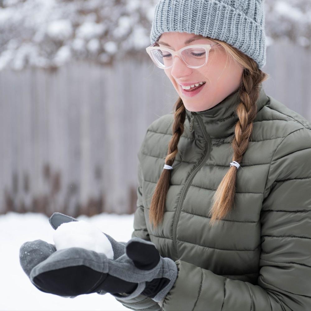 Women's Fleece Stretch Flip-Top Mittens in Heather (Grey) On Model