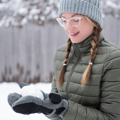 Women's Fleece Stretch Flip-Top Mittens in Heather (Grey) On Model