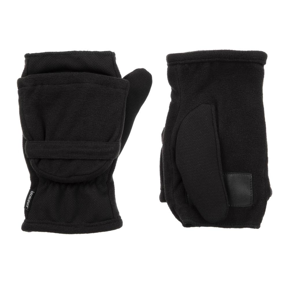 Women's Fleece Stretch Flip-Top Mittens in Black Front and Back