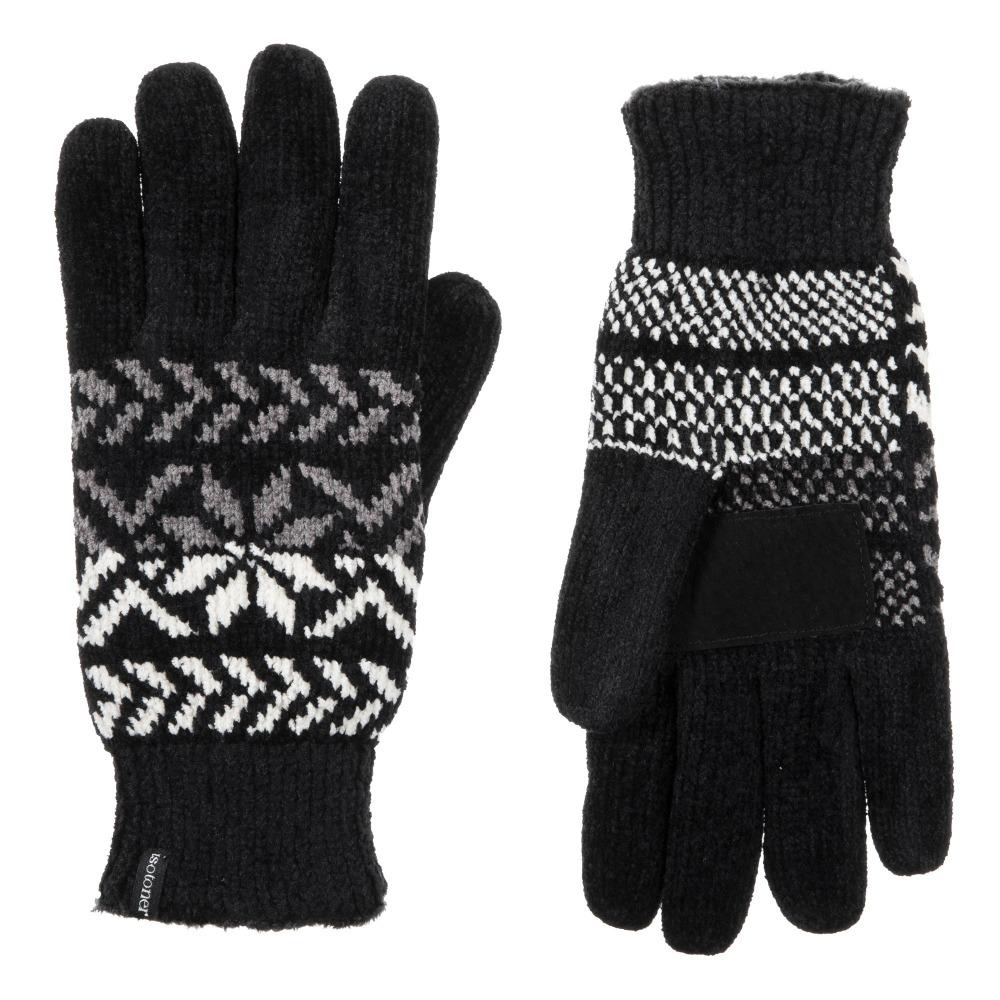 Women's Chenille Snowflake Gloves in Black Front and Back