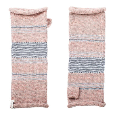 Women's Recycled Knit Fingerless Arm Warmers pair in Wild Blossom light pink with light blue and grey stripes side by side