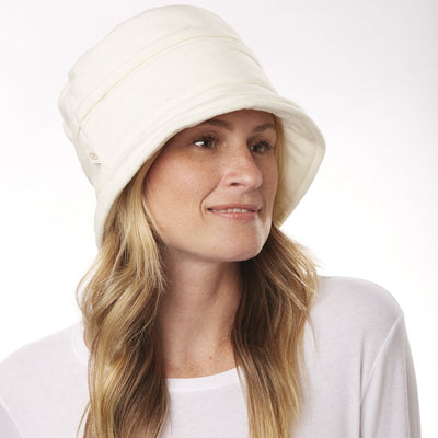 Women's Lined Recycled Fleece Water Repellent Cloche Hat on figure. Model wearing hat