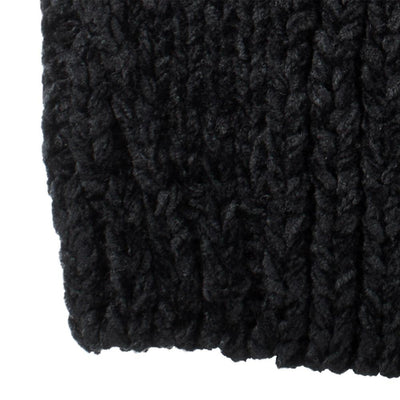 Women's Chenille Hat with Faux Fur Pom in Black close up on chenille fabric