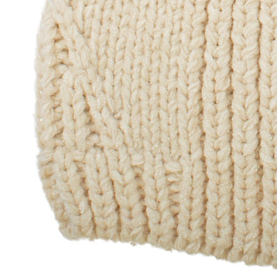 Women's Chenille Hat with Faux Fur Pom in Ivory close up on chenille fabric