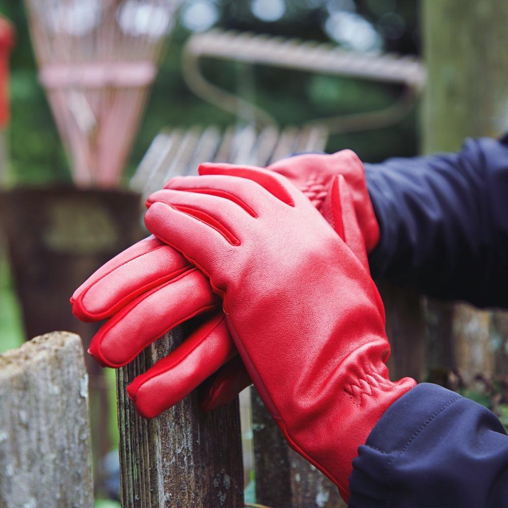 Women's Signature Stretch Leather Gloves in Really Red on Model