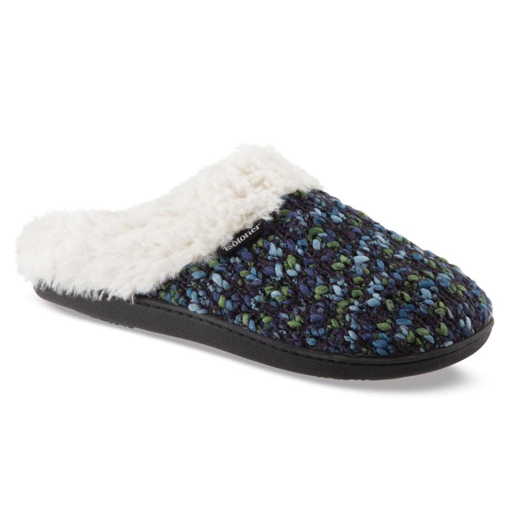 Women's Sweater Knit Amanda Hoodback Slippers in Navy Blue with green Right Angled View