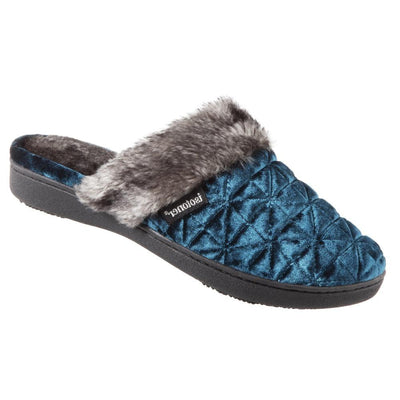 Women's Crushed Velour Stephanie Clog Slippers in Moroccan Blue  Right Angled View