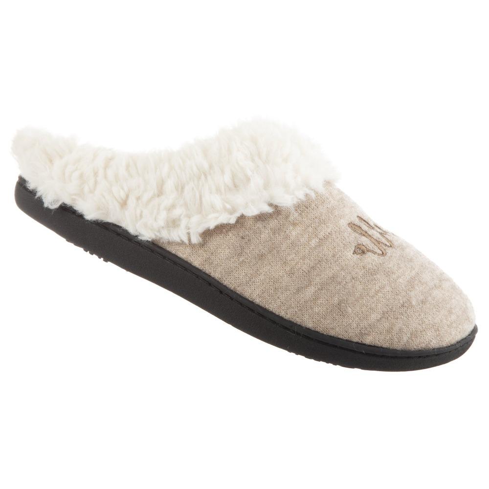 Women's Sweater Knit Novelty Clog Slippers Oatmeal Bonjour/Hello Right Angled View