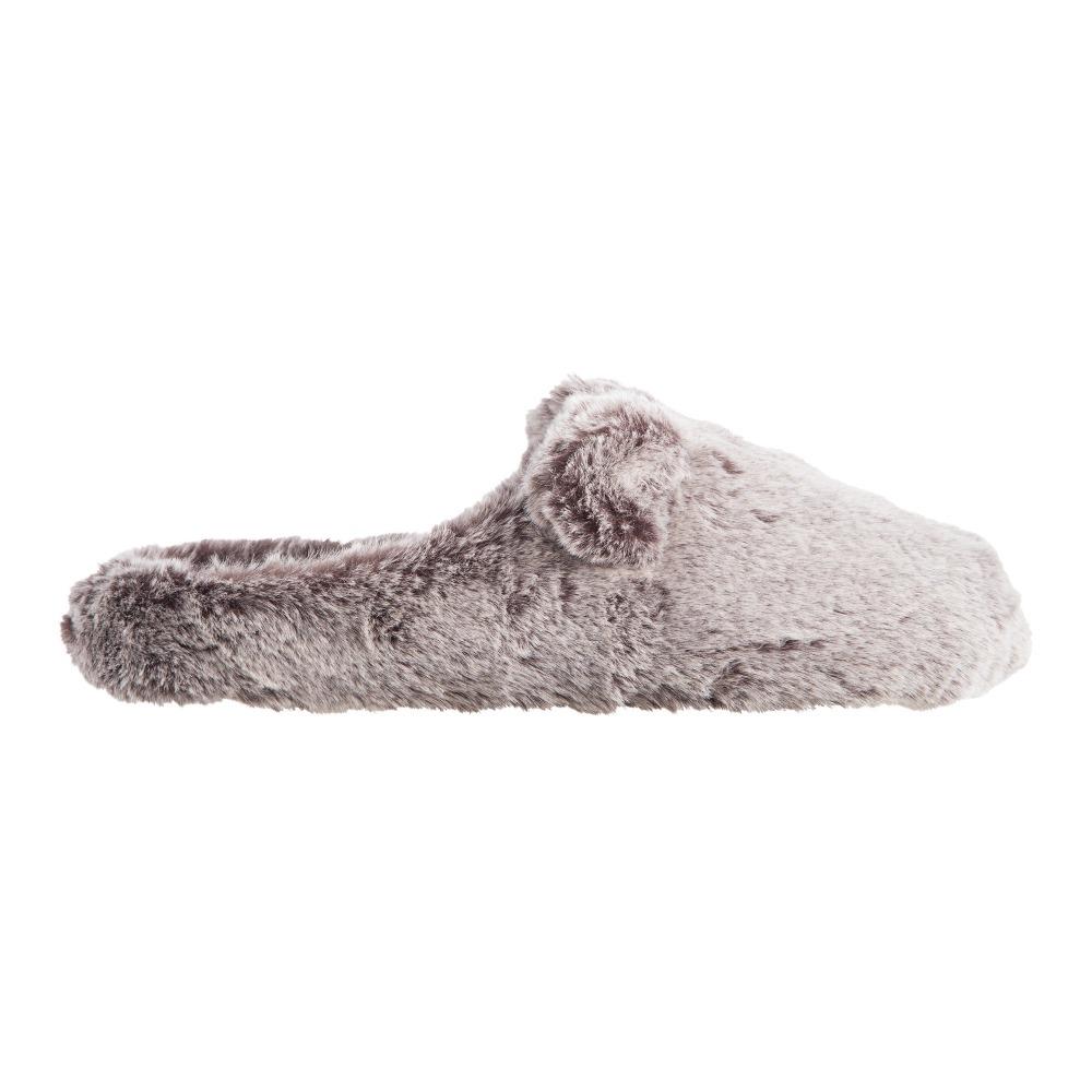 Women's Faux Fur Fey Novelty Hoodback Slippers in Dark Chocolate Bear Ears Profile
