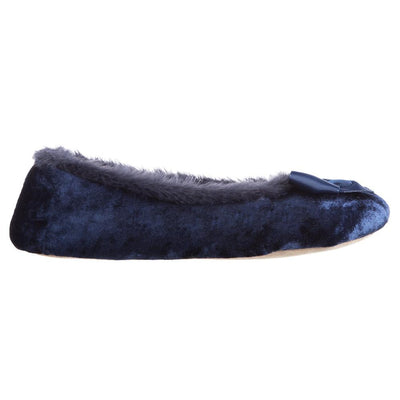 Women's Iridescent Velour Krista Ballerina Slippers in Navy Blue Profile