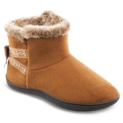 Women's Microsuede Addie Boot Slippers with Bow in Cognac Right Angled View