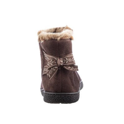 Women's Microsuede Addie Boot Slippers with Bow in Dark Chocolate Back Heel
