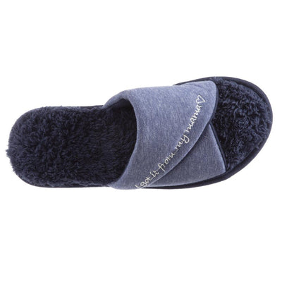 Women's Mother's Day Slide Slippers Navy Blue Top View quote reads I got it from my mama