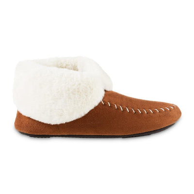 Women's Microsuede Noela Boot Slippers in Cognac with White Faux Fur Cuff Profile