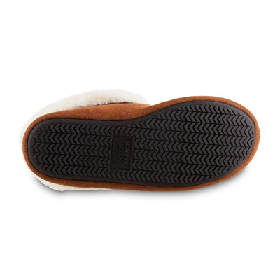 Women's Microsuede Noela Boot Slippers in Cognac with White Faux Fur Cuff Bottom Sole Tread