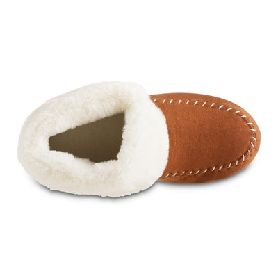 Women's Microsuede Noela Boot Slippers in Cognac with White Faux Fur Cuff Inside Top View