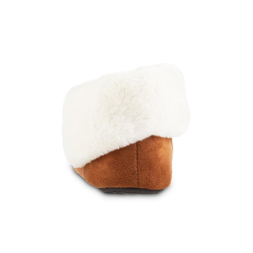Women's Microsuede Noela Boot Slippers in Cognac with White Faux Fur Cuff Back Heel