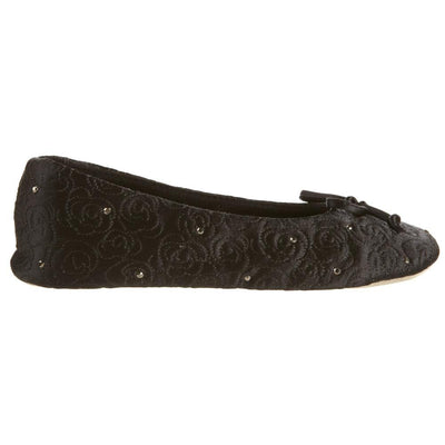 Women's Rose Quilted Ballerina Slippers With Rhinestone Black 1