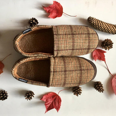 Men's Plaid Liam Closed Back Slippers in Dark Chocolate (Plaid pattern) Lifestyle Image