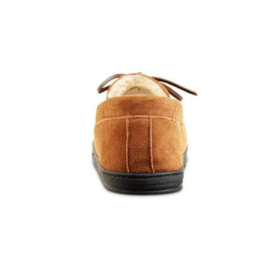 Men's Genuine Suede Moccasin Slippers in Buckskin Tan Back Heel