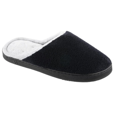 Women's Microterry Wider Width Clog Slippers in Black with Grey Lining Right Angled View
