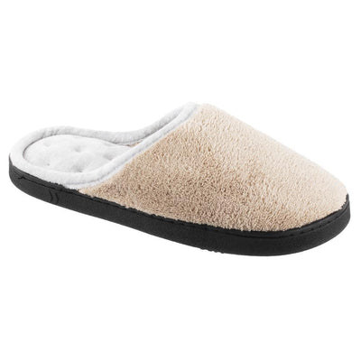 Women's Microterry Wider Width Clog Slippers in Taupe with Grey Lining Right Angled View