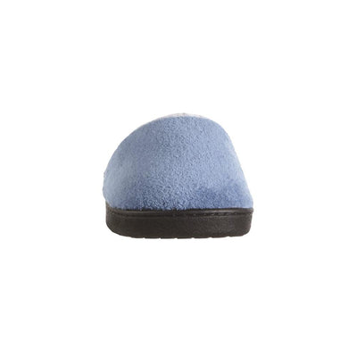 Women's Microterry Wider Width Clog Slippers in Denim with Grey Lining Front Toe View