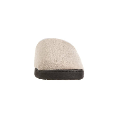Women's Microterry Wider Width Clog Slippers in Taupe with Grey Lining Front Toe View