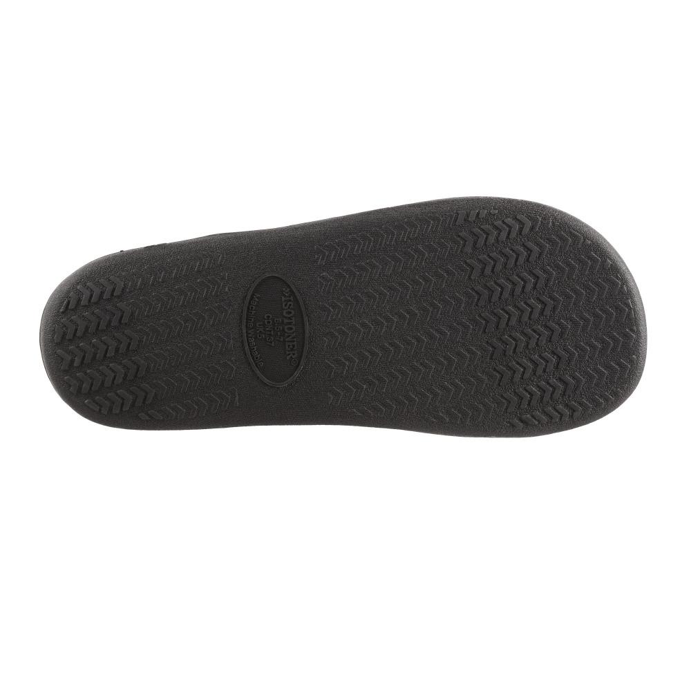 Women's Microterry Satin Trim Wider Width Slide Slippers in Black Sole View