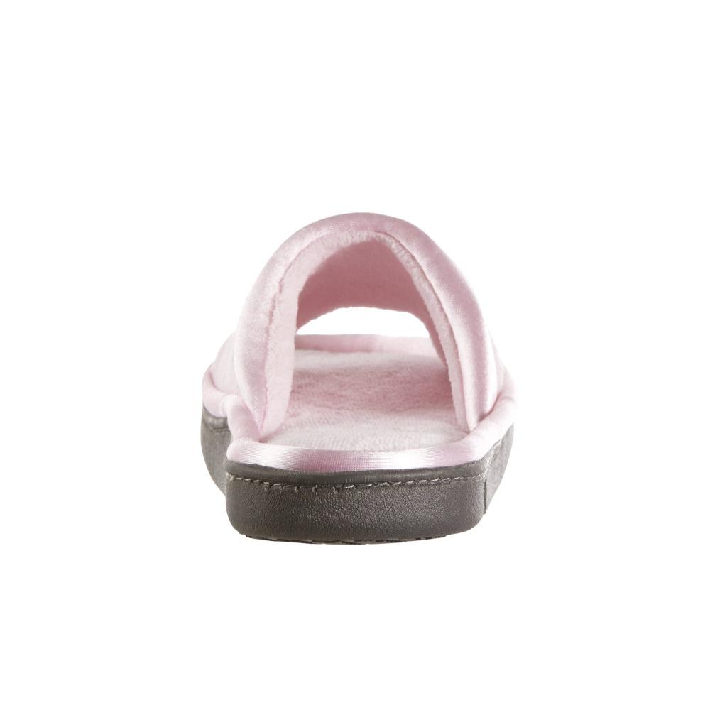 Women's Microterry Satin Trim Wider Width Slide Slippers in Peony (Pink) Heel View