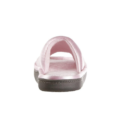 Women's Microterry Satin Trim Wider Width Slide Slippers in Peony (Pink) Heel View