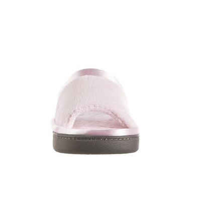 Women's Microterry Satin Trim Wider Width Slide Slippers in Peony (Pink) Toe View