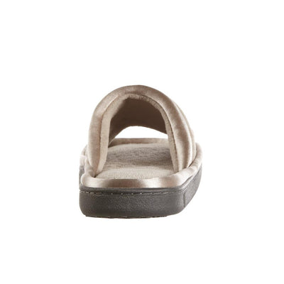 Women's Microterry Satin Trim Wider Width Slide Slippers in Stone Heel View