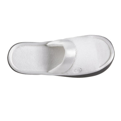 Women's Microterry Satin Trim Wider Width Slide Slippers in White Top View