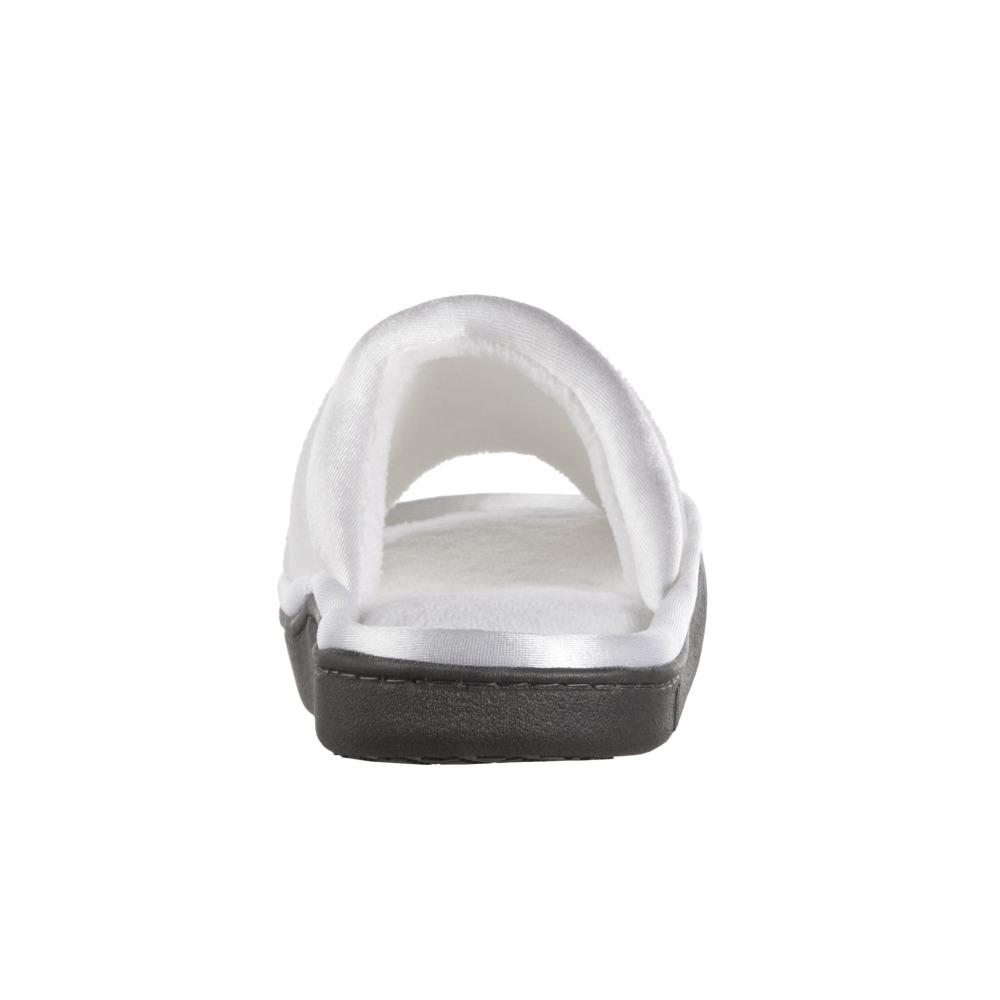 Women's Microterry Satin Trim Wider Width Slide Slippers in White Heel View