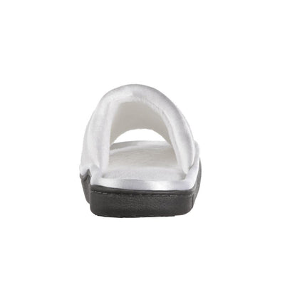 Women's Microterry Satin Trim Wider Width Slide Slippers in White Heel View