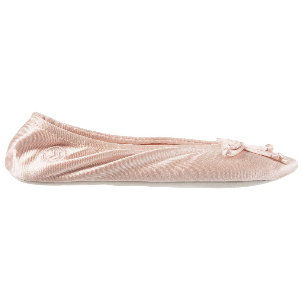 Women’s Isotoner Satin Ballerina Slippers with Satin Bow in Evening Sand Profile#color_evening-sand