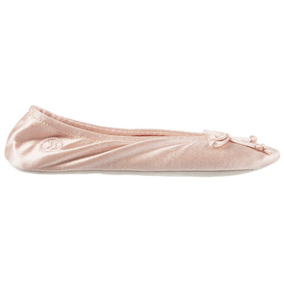 Women’s Isotoner Satin Ballerina Slippers with Satin Bow in Evening Sand Profile#color_evening-sand