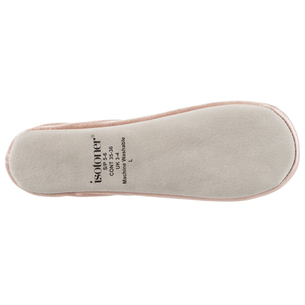 Women’s Isotoner Satin Ballerina Slippers with Satin Bow in Evening Sand Bottom Sole Tread#color_evening-sand