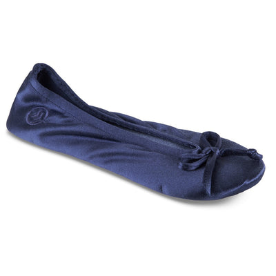 Women’s Isotoner Satin Ballerina Slippers with Satin Bow in Navy Blue Right Angled View#color_navy-blue