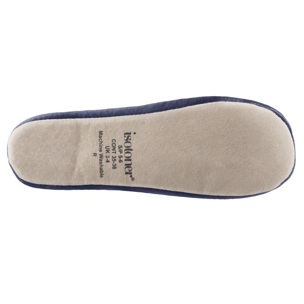 Women’s Isotoner Satin Ballerina Slippers with Satin Bow in Navy Blue Bottom Sole Tread#color_navy-blue