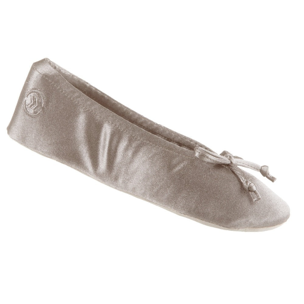 Women's Satin Ballerina Slippers with Satin Bow in Sandtrap Left Angled View#color_sand-trap