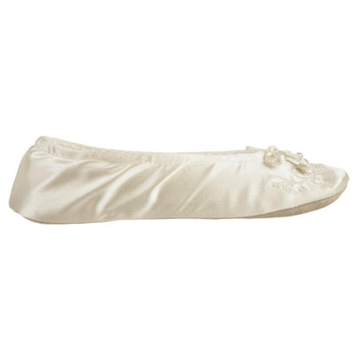 Women's Embroidered Pearl Satin Ballerina Slippers in Ivory Profile