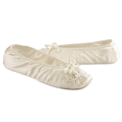 Women's Embroidered Pearl Satin Ballerina Slippers Pair in Ivory Right Angled View