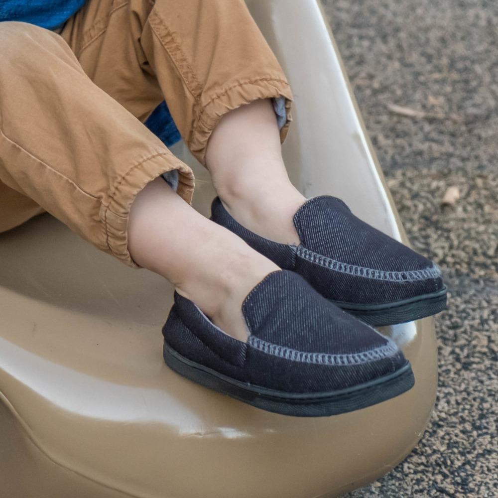 Boy's Chandler Moccasin Slippers Black on Model