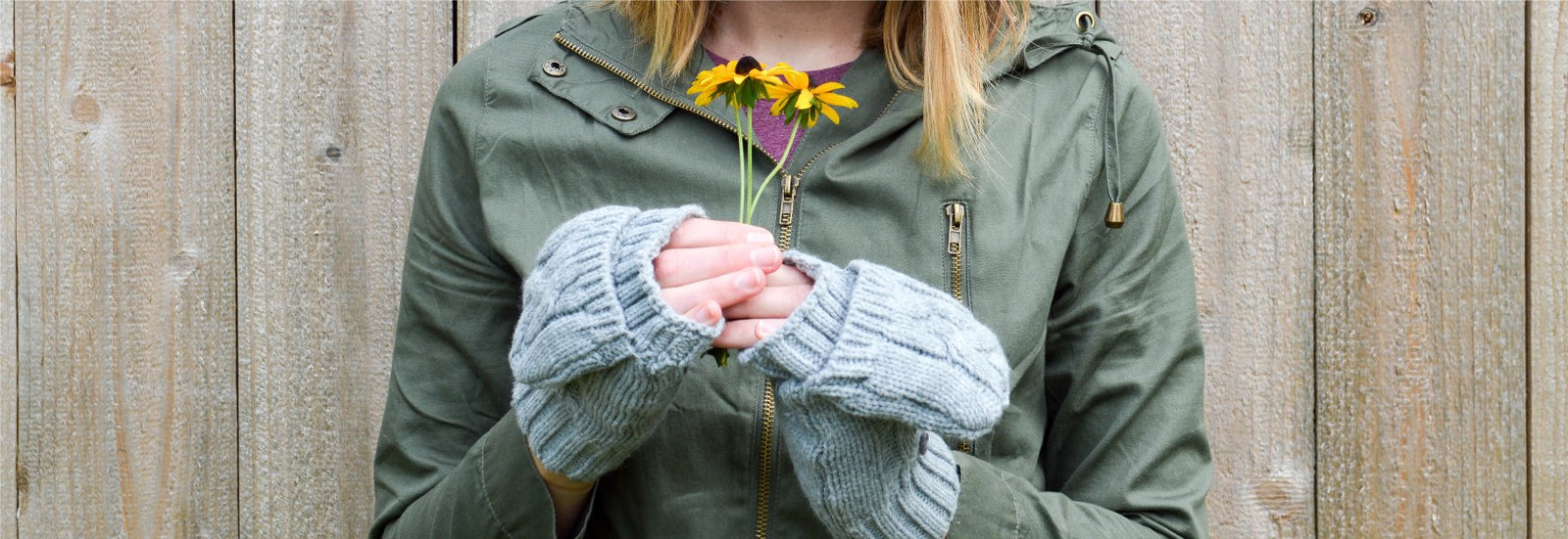 Women’s smartDRI® Acrylic Fingerless Glove Cozies on figure standing outside holding flowers