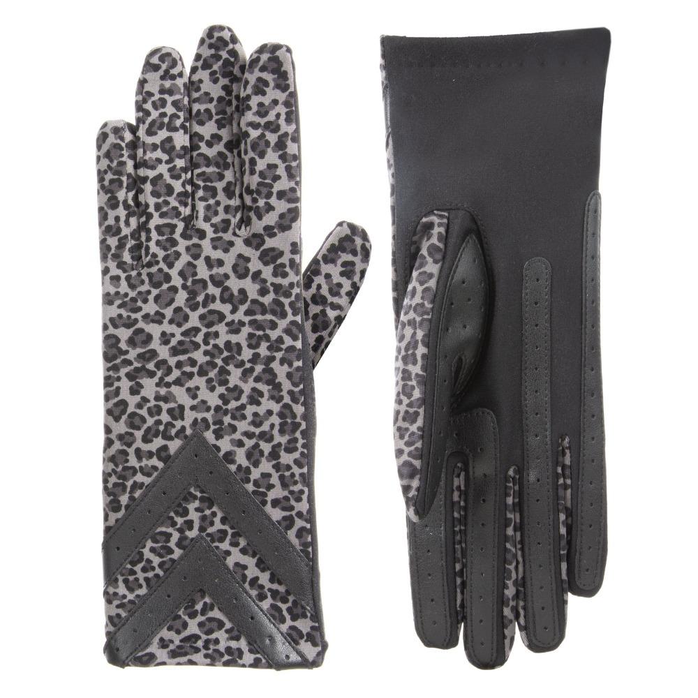 Women's Chevron Spandex Gloves in Grey Leopard Front and Back