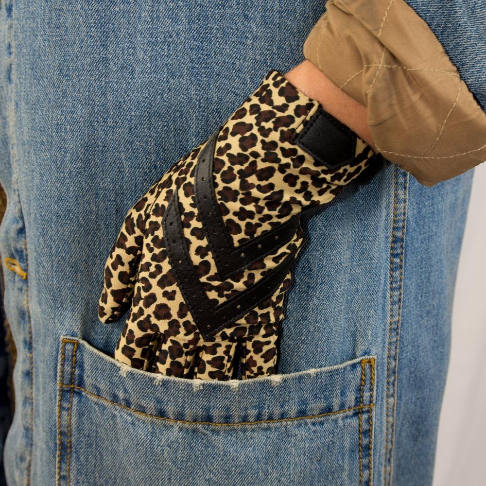 Women's Chevron Shortie Gloves in Leopard Print on Model