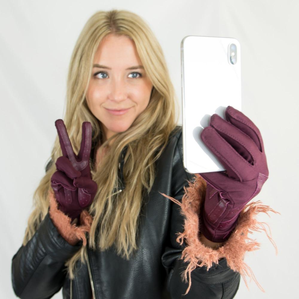 Women's Chevron Shortie Gloves in Plum on Model